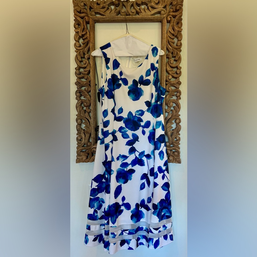 Calvin Klien white dress with large print blue watercolor florals💙🦋